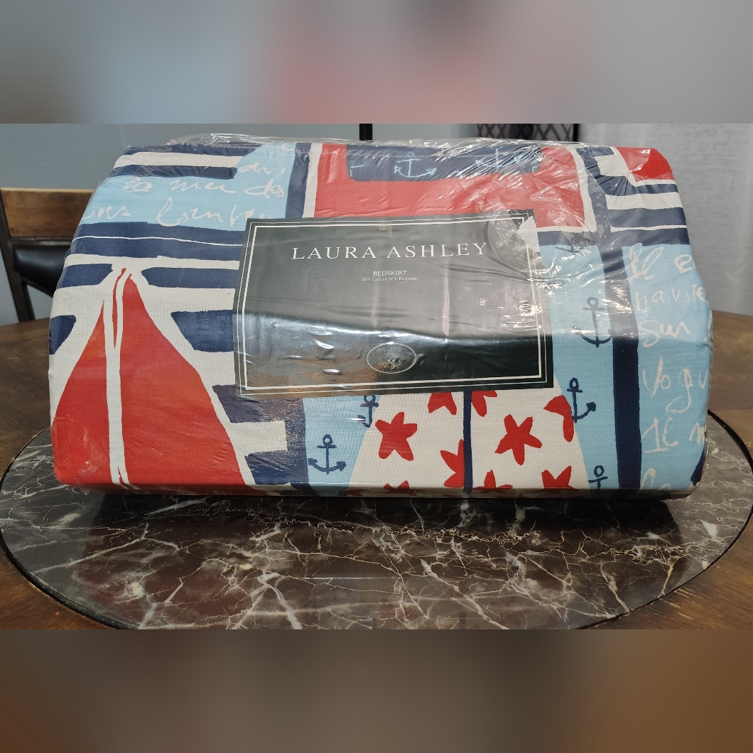 Vtg Rare ~ Laura Ashley Twin Bed Skirt -Sailboats And Anchors Original Packaging